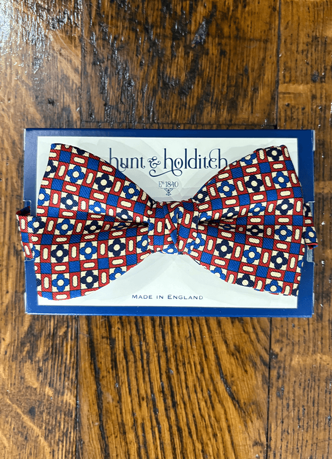 Pre Tied English Printed Silk Bow Tie | Art Deco | Blue/Cream/Red