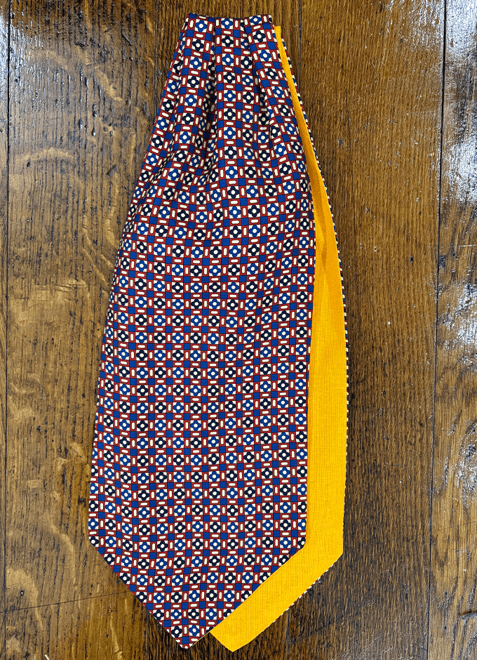 English Printed Silk Cravat | Art Deco Design | Blue/Cream/Red