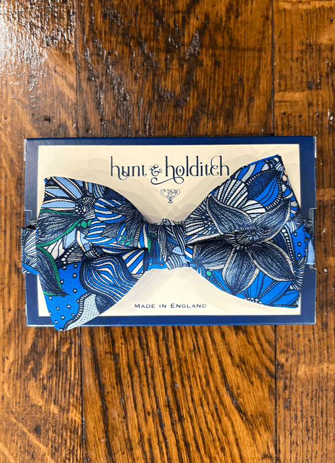 Pre Tied English Printed Silk Bow Tie | Blue Flowers