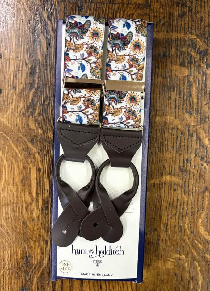 Button Braces | Blue/Sand Floral | Dark Brown Leather Ends