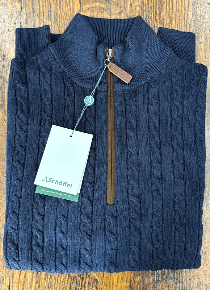 Calton Cotton Cashmere Cable Quarter Zip Jumper | Navy