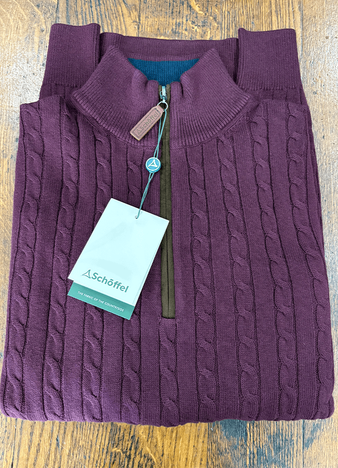 Calton Cotton Cashmere Cable Quarter Zip Jumper | Wine