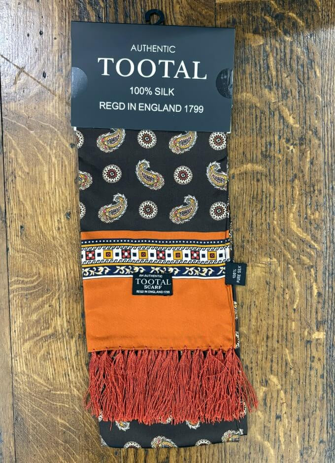 Silk Scarf | Chocolate Paisley|Orange border