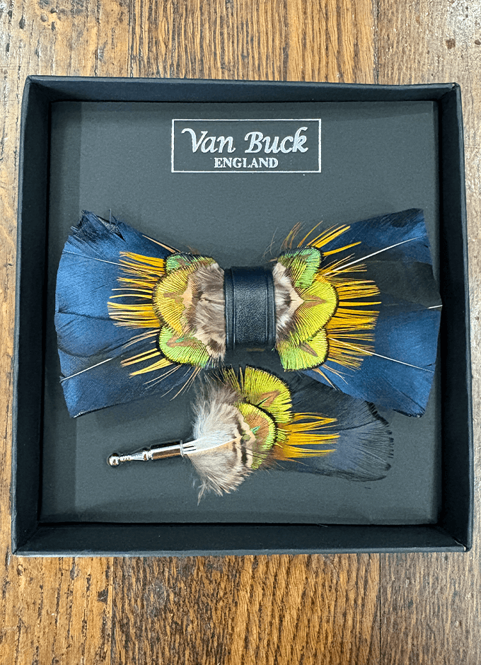 Feather Bow Tie & Lapel Pin Set | Navy & Gold