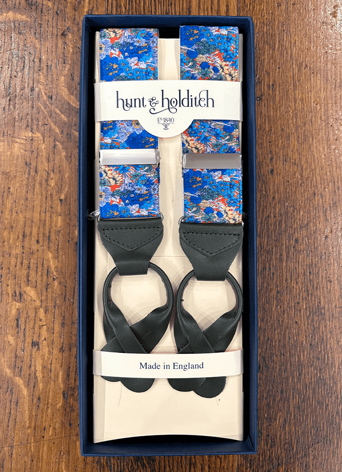 Button Braces | Blue Floral | Olive Leather Ends