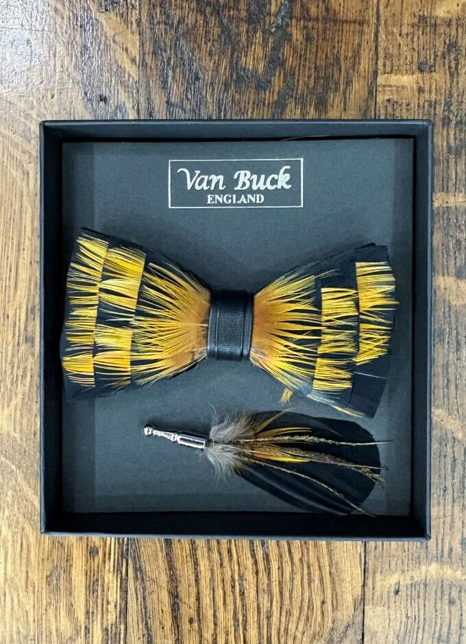 Feather Bow Tie & Lapel Pin Set | Gold Striped