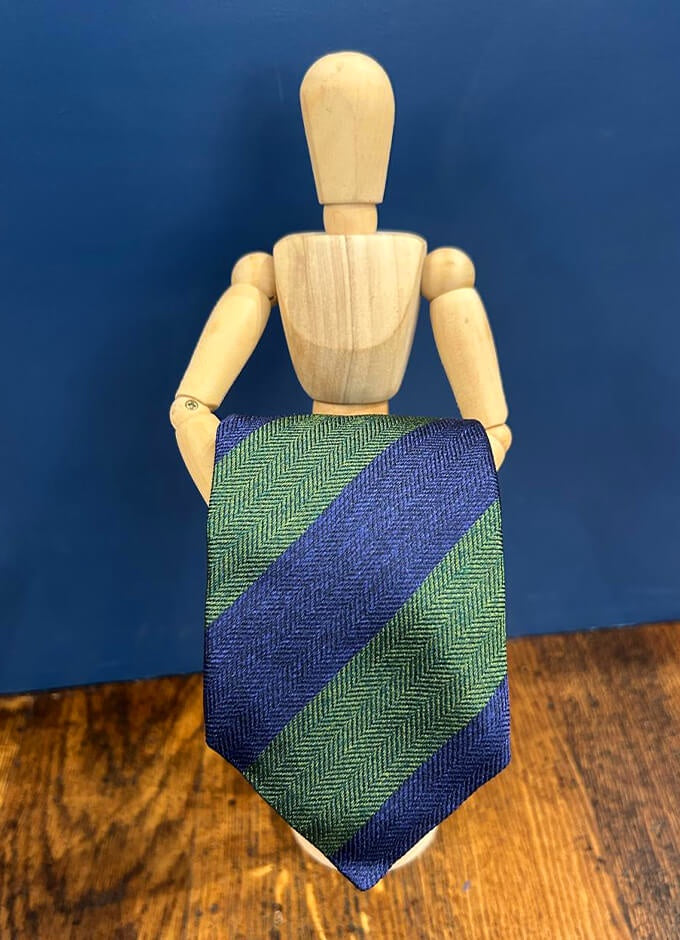 Green and Blue Stripe Textured Red Label Silk Tie