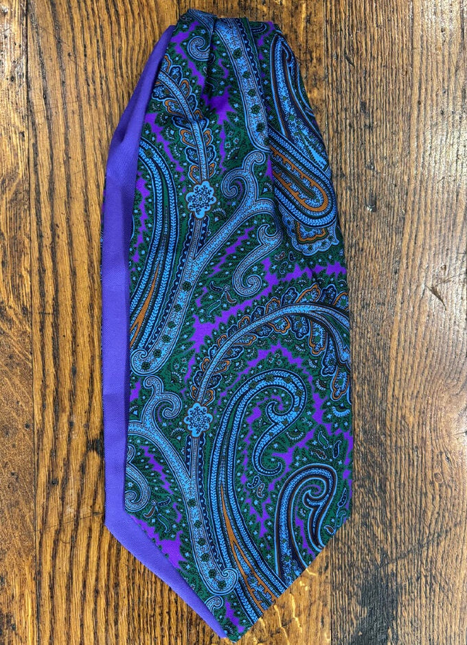 English Printed Silk Cravat | Large Design | Green/Purple/Blue