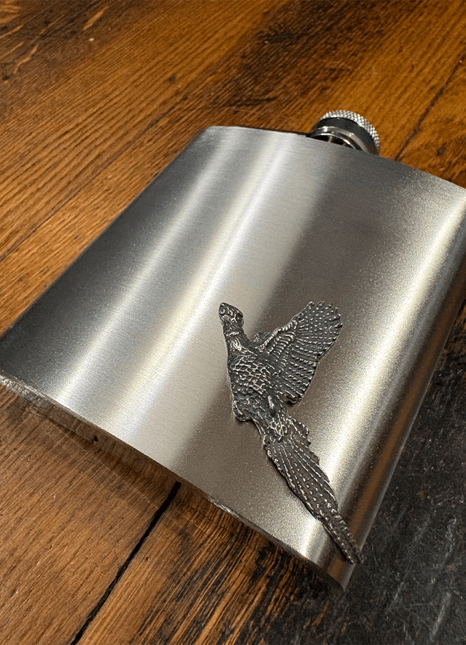 English Pewter | 6oz Stainless Steel Hip Flask | Pewter Pheasant Emblem