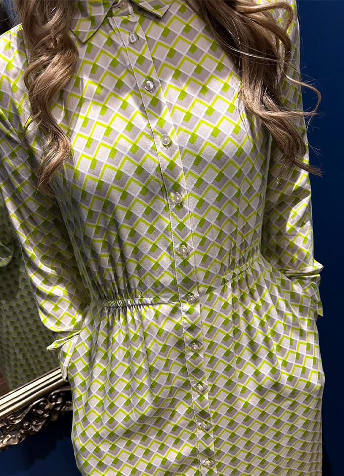 Ladies Dress | Shirt Collar Gathered Detail | Lime Print
