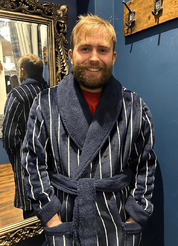 Montague Navy Fleece Dressing Gown | Navy Stripe