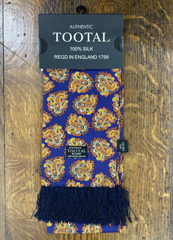 Silk Scarf | Navy Blue Paisley Mustard details