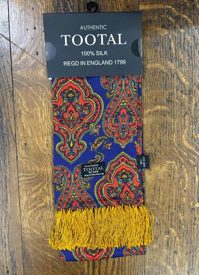 Silk Scarf | Navy/Red Paisley Gold Fringe