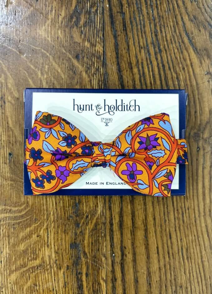 Pre Tied English Printed Silk Bow Tie | Orange Floral