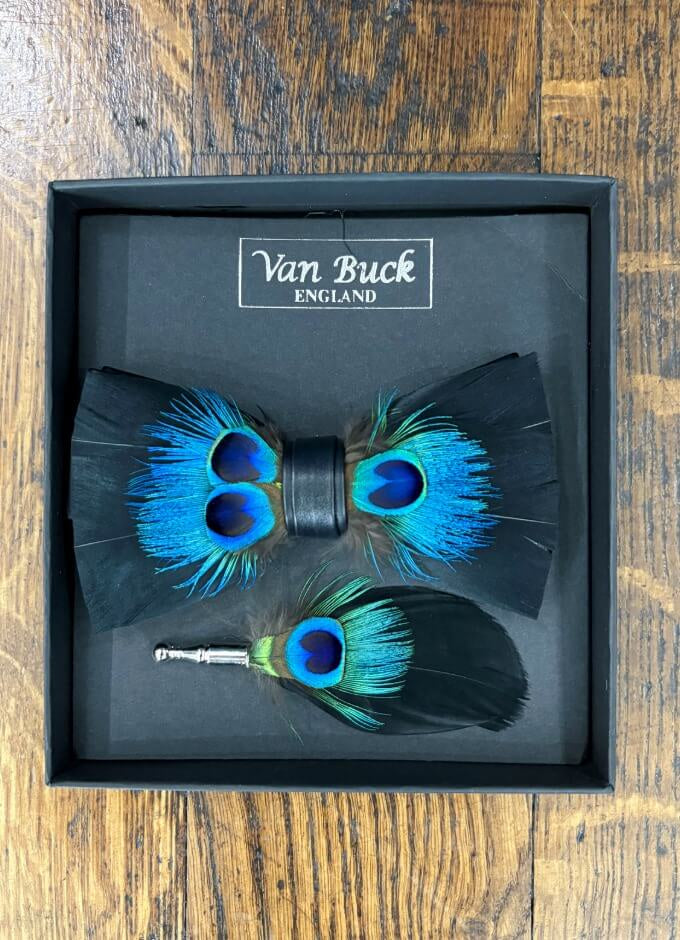 Feather Bow Tie & Lapel Pin Set | Black Peacock