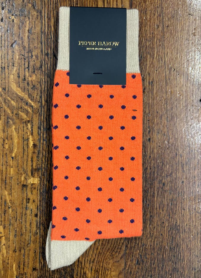 Peper Harow | Men's Pin Polka Socks | Bright Orange