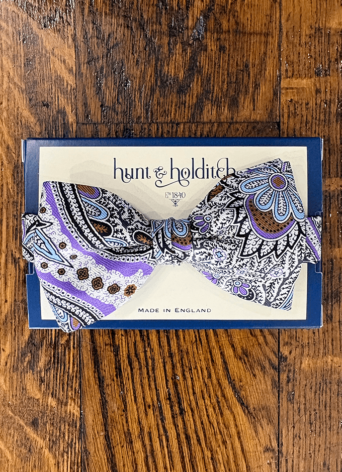 Pre Tied English Printed Silk Bow Tie | Abstract Purple/Blue