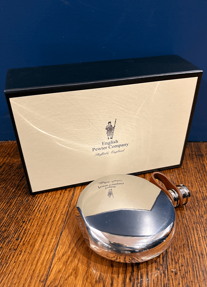 English Pewter | 6oz Round Pewter Hip Flask with Leather Captive Top