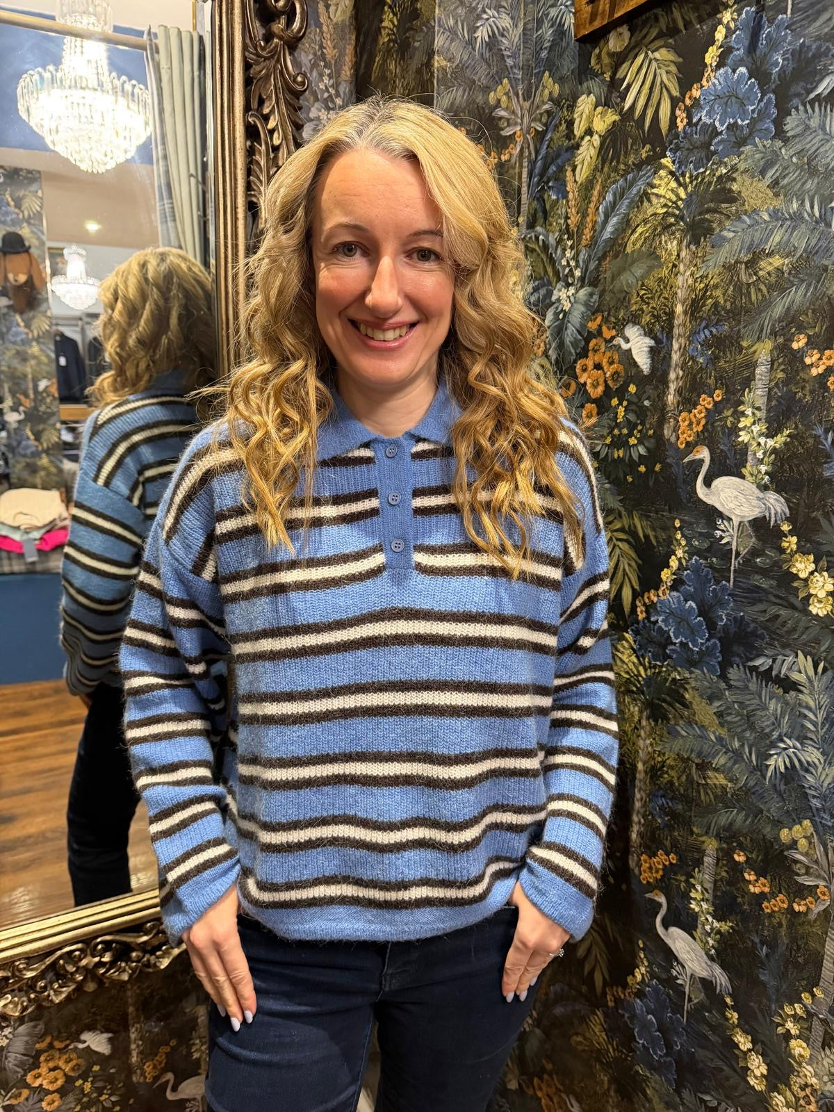 Striped Polo Pullover Sweater | Saphire Print