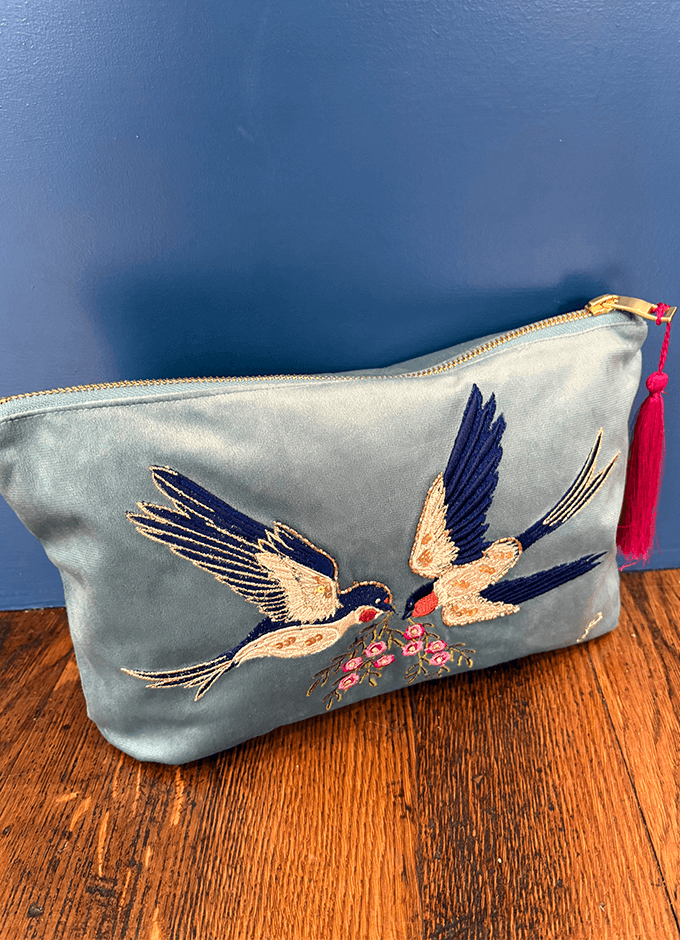 Powder | Velvet Zip Pouch | Swooping Swallows