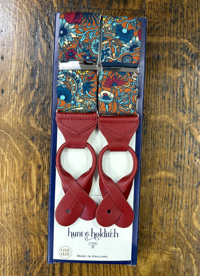 Button Braces | Teal & Rust Floral | Wine Leather Ends
