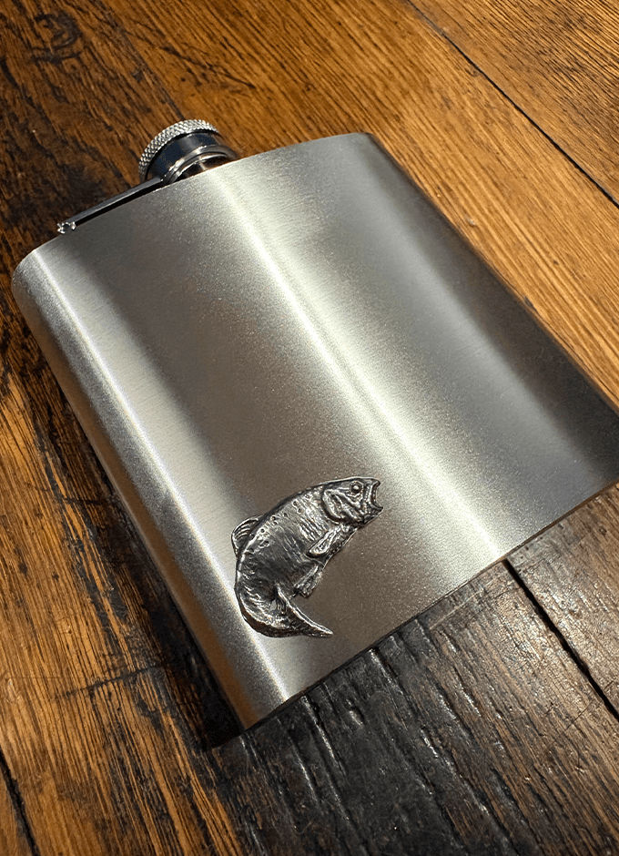 English Pewter | 6oz Stainless Steel Hip Flask | Pewter Fishing Trout Emblem
