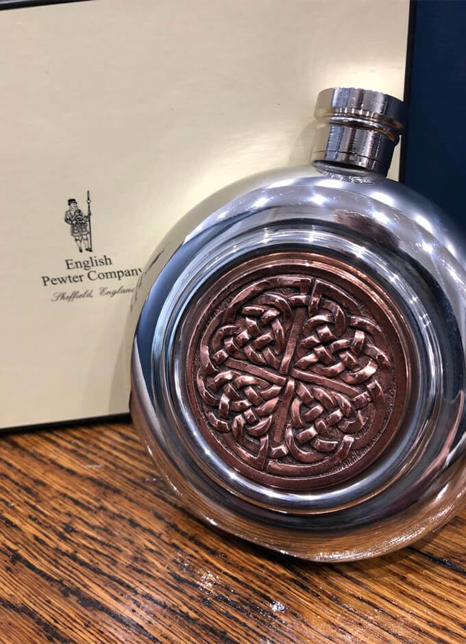 English Pewter | Round Pewter Flask With Celtic Copper Badge