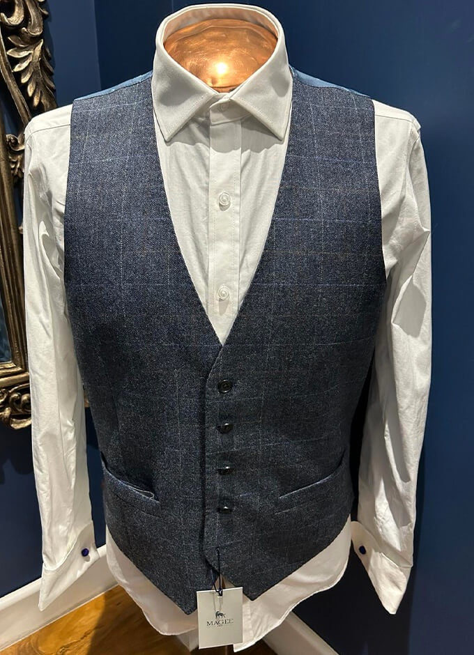 Glyde Tweed Waistcoat Blue Windowpane Check - Main Image