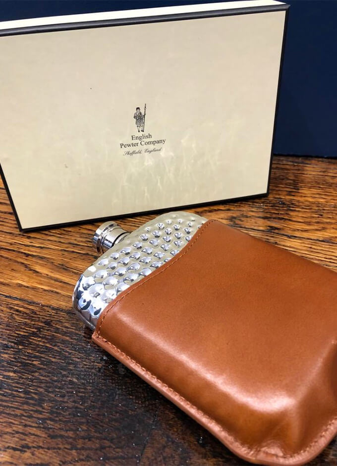 English Pewter | 6oz Hammered Purse Flask & Pouch