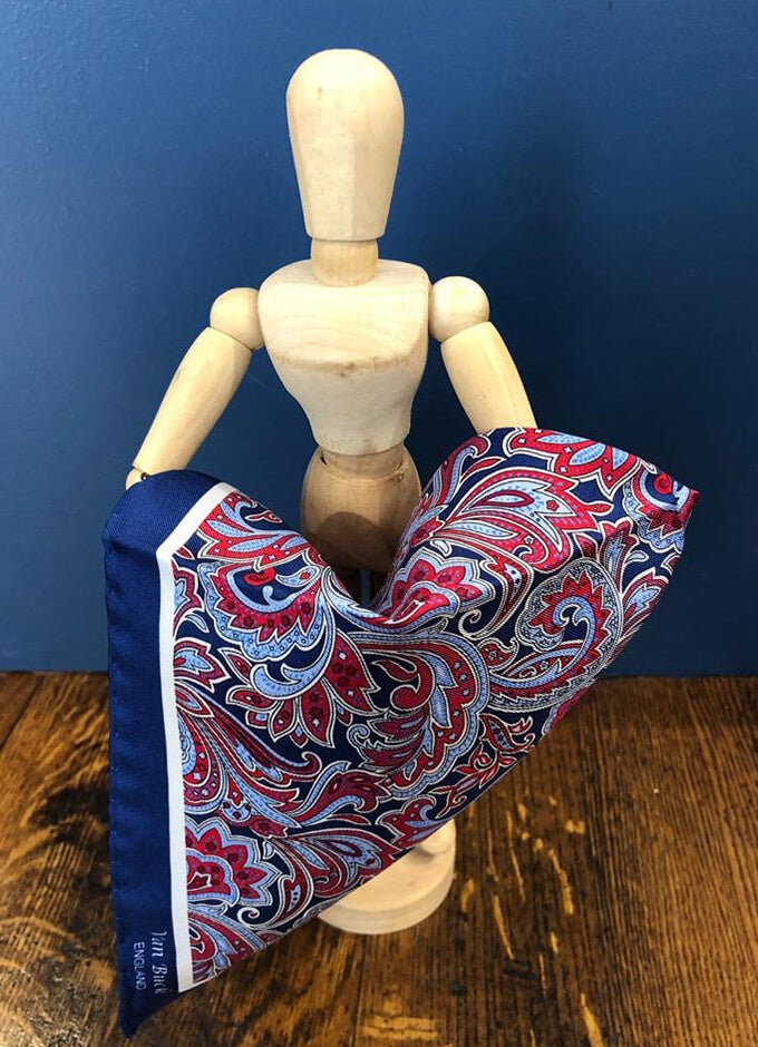 Navy Blue and Large Red Paisley Fancy Pocket Square