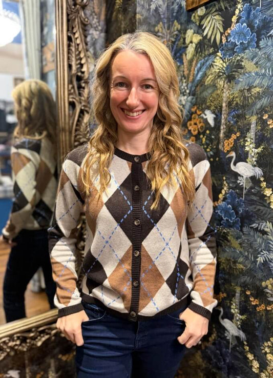 Argyle Button Cardigan | Sand Print