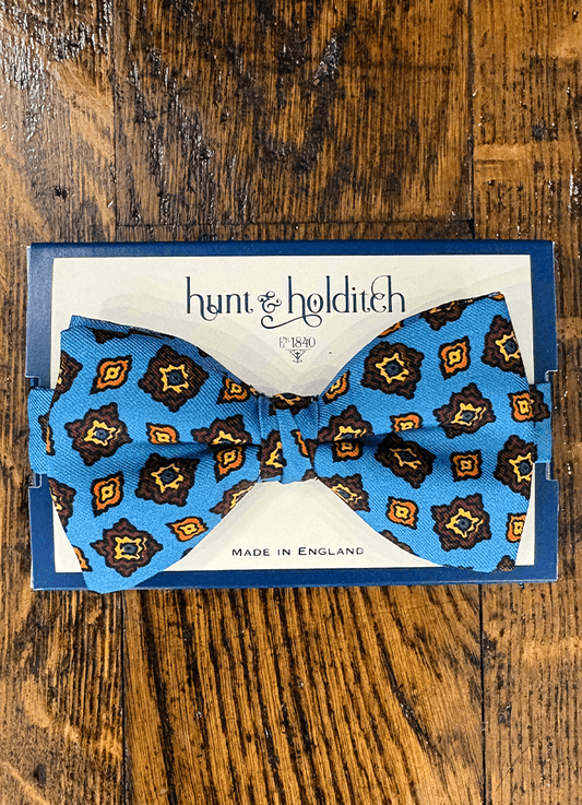 Pre Tied English Printed Silk Bow Tie | Abstract Design on Airforce Background