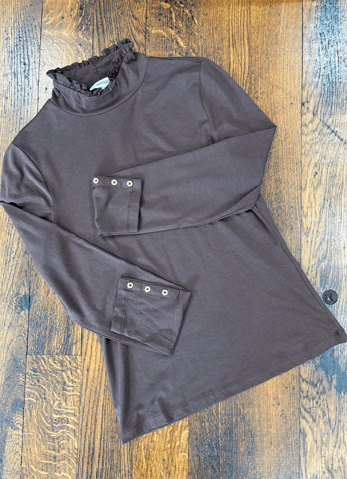 Amy Long Sleeve High Frill Neck Jersey Top | Hot Fudge