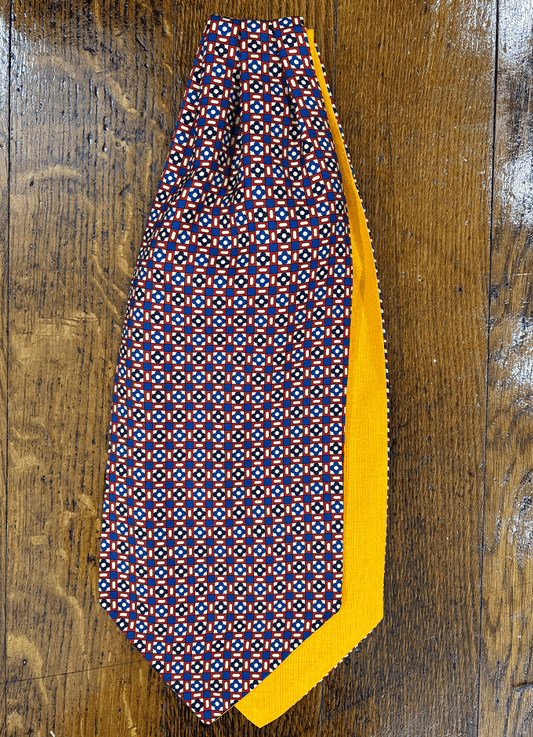 English Printed Silk Cravat | Art Deco Design | Blue/Cream/Red
