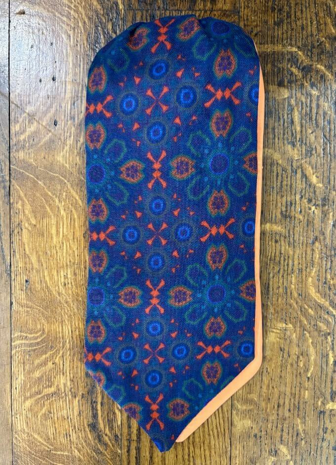 Cravat | English Printed Wool/Cashmere | Navy/Red Design | Orange Lining