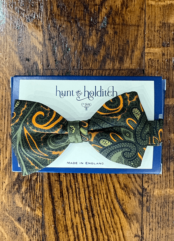 Pre Tied English Printed Silk Bow Tie | Large Abstract Green/Orange