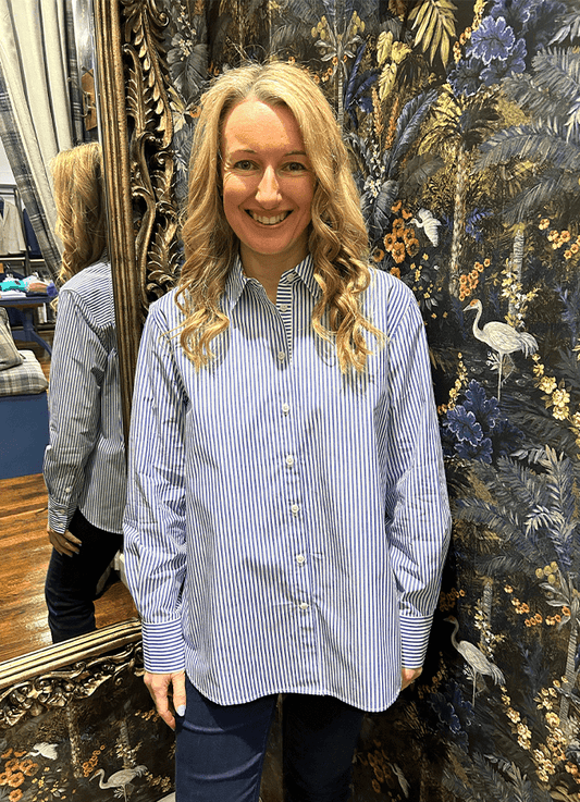 Boyfriend Fit Poplin Shirt | Navy White Stripe
