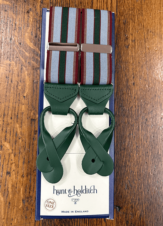 Button Braces | Grey/Green Stripe | Green Leather Ends