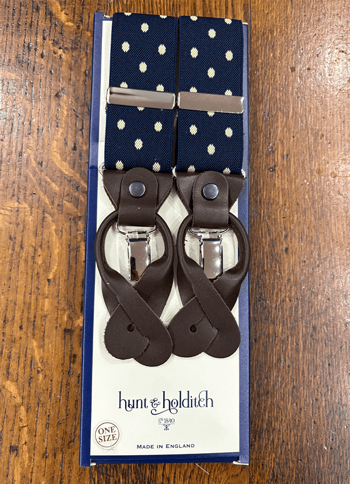 Button Braces | Navy & Yellow Spot | Leather Ends
