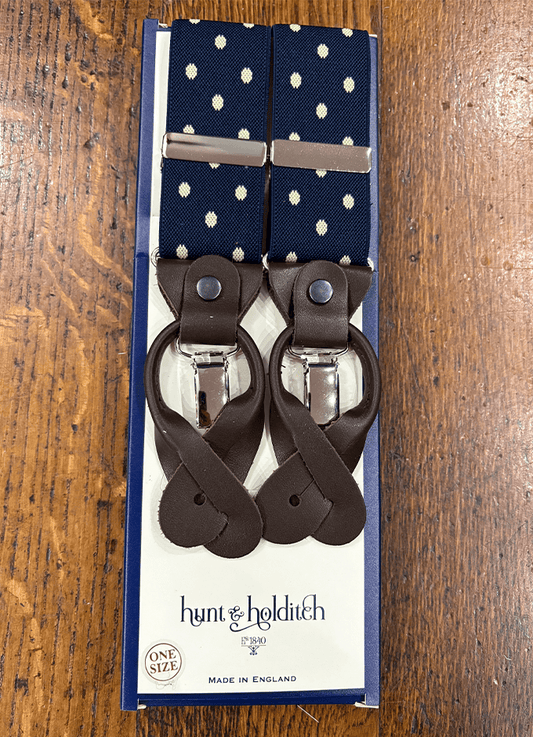 Button Braces | Navy & Yellow Spot | Leather Ends