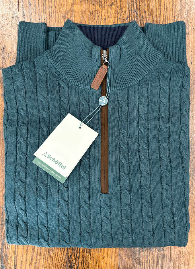 Calton Cotton Cashmere Cable Quarter Zip Jumper | Botanical Green