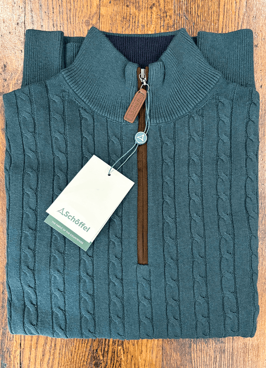 Calton Cotton Cashmere Cable Quarter Zip Jumper | Botanical Green