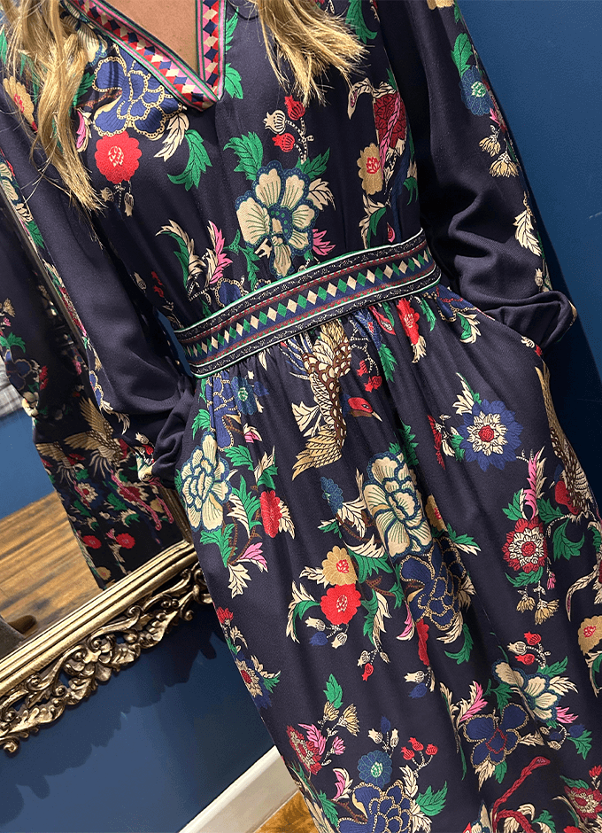 Cressida Placement Floral Long Sleeve Maxi Dress | Navy