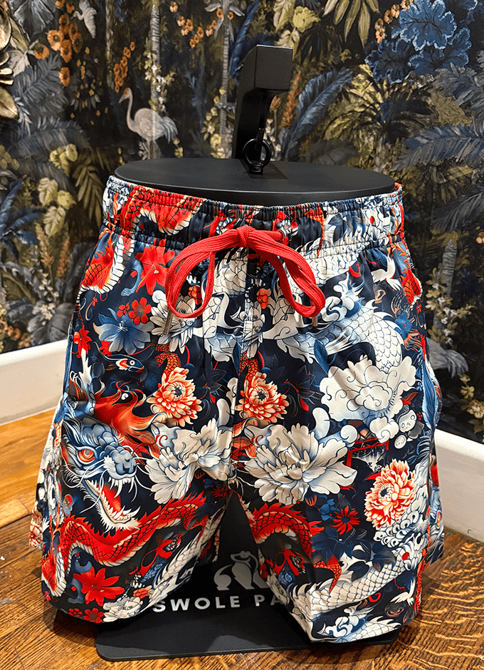 Swole Panda | HydroMotion Swim Shorts | Dragon Pattern