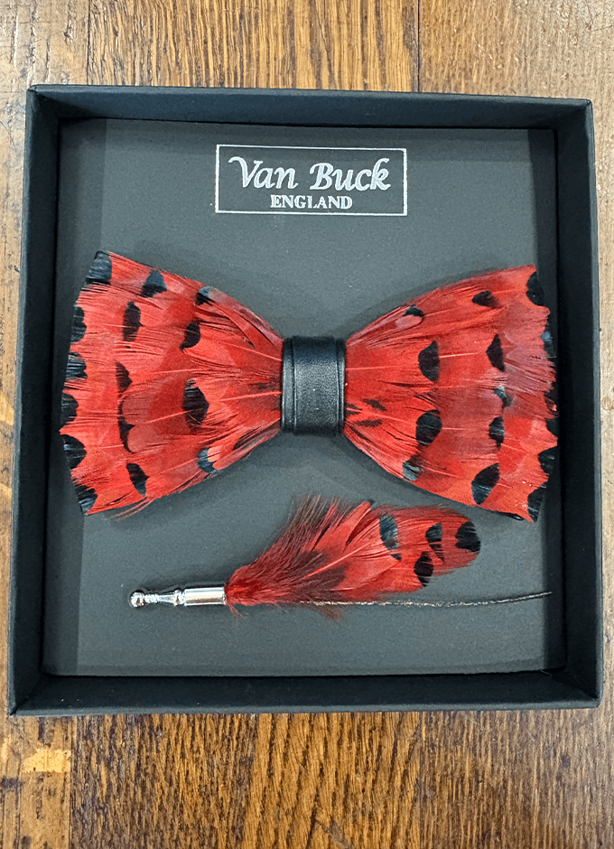 Feather Bow Tie & Lapel Pin Set | Deep Red