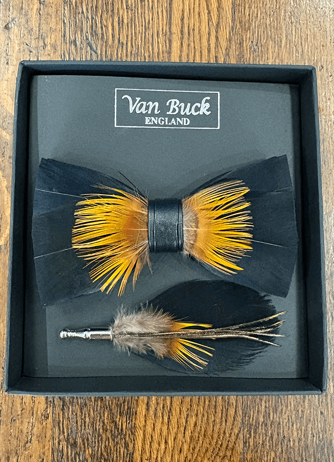 Feather Bow Tie & Lapel Pin Set | Black & Gold