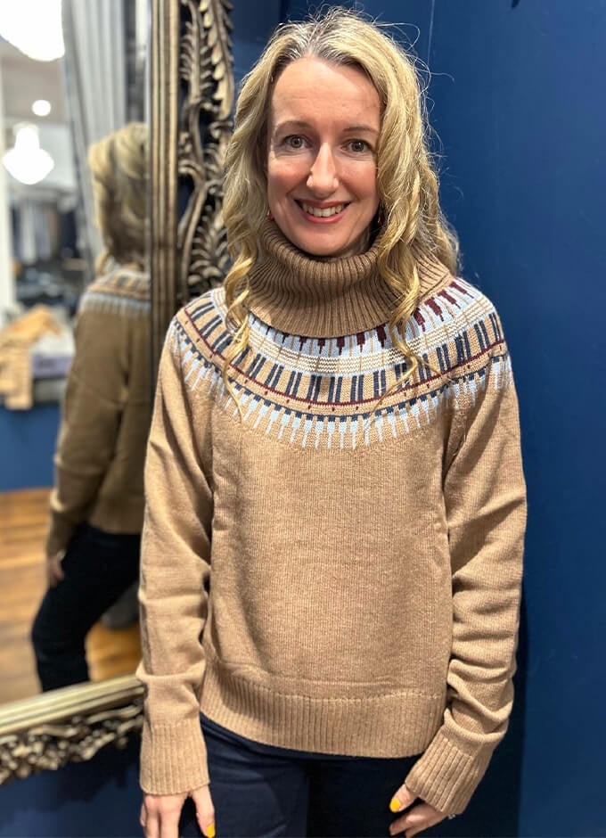 Ladies Filey Fairisle Roll Neck Jumper | Sand