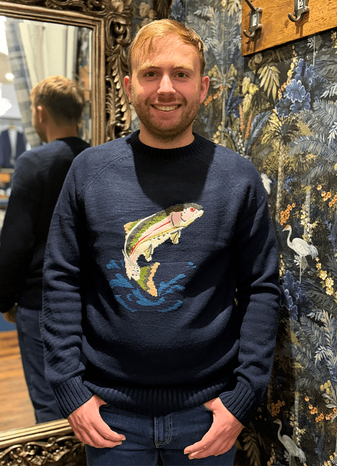 Intarsia Crew Neck Navy Fish Jumper