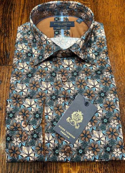 Pure Cotton Shirt| Floral | Brown/Blue