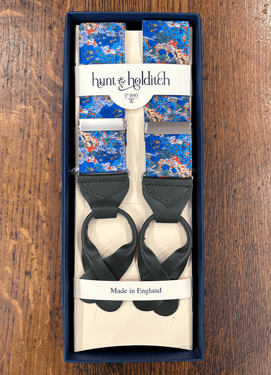 Button Braces | Blue Floral | Olive Leather Ends
